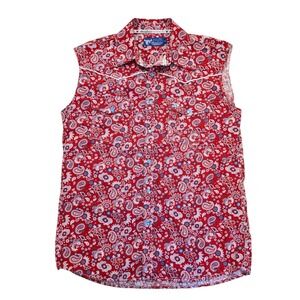 Cowboy Hardware Red White‎ Blue Paisley Pearl Snap Western Sleeveless Shirt Sz M